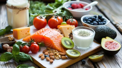 A variety of healthy foods on a wooden table. The foods include salmon, avocado, tomatoes, kiwi, cheese, milk, berries, nuts, and greens