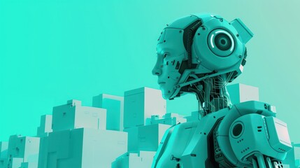 A futuristic robot with its head blurred out stands before a stylized 3D model of a cityscape in teal tones