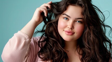 Fototapeta premium Confident young woman with curly hair posing against a turquoise background