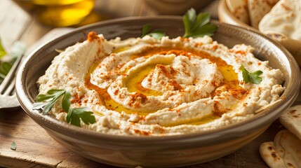 Homemade classic hummus with olive oil and spices in a bowl