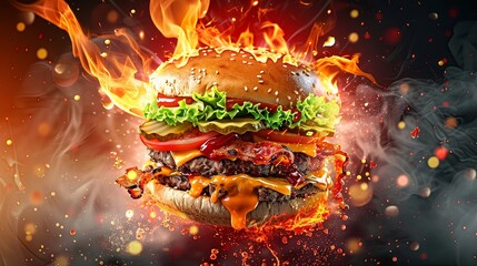 Flaming burger with melting cheese and crispy bacon