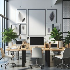 A Room with a mockup poster empty white and with a large table with computers and chairs in office realistic art lively art.