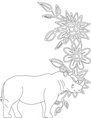 Rhino and A Floral Vine Coloring Page. Printable Coloring Worksheet for Adults and Kids. Educational Resources for School and Preschool.