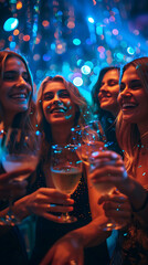 Friends toasting with drinks in a bar celebrating an anniversary, summer concept vacation concept holidays