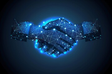 Abstract digital handshake on futuristic blue background