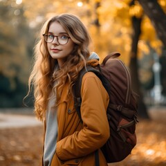 A student girl with a backpack and glasses in the park. Generative AI.