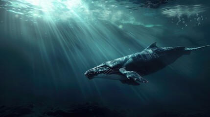 A whale swimming from the deep sea to the surface, under the underwater light rays of the sun