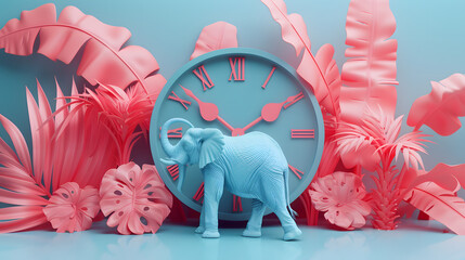 Blue 3D Animation Clock with Pink Crystal Elephant 