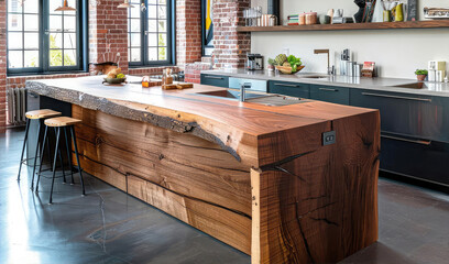 Modern loft kitchen interior with a large table made of natural wood with a live edge