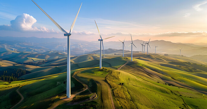 Wind field in the middle of a meadow with rolls of straw, ecology and green energy concept, renewable energy concept eco
