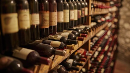 A wine cellar showcasing rows of vintage wine bottles.