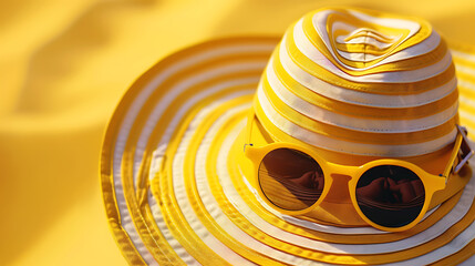 Straw hat and sunglasses on a yellow background. Close-up.