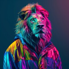 Portrait of a lion in a colorful jacket on an isolated background