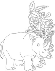 Rhino and A Floral Vine Coloring Page. Printable Coloring Worksheet for Adults and Kids. Educational Resources for School and Preschool.