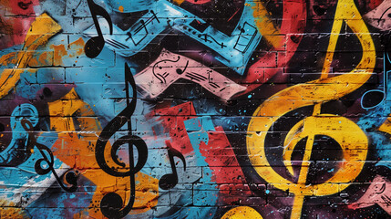 Abstract graffiti band street art with music notes symbols musical instrument grunge wall background	