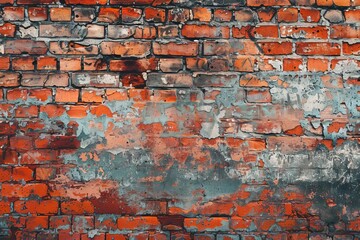 An old, damaged brick wall with blue and red paint splotches