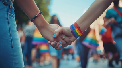 Two people holding hands with pride wristbands,  Pr1de  LGBTQ+