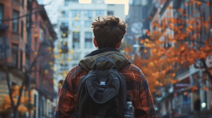 Obraz premium A young guy with a backpack walks forward