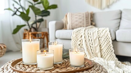 Cozy living room ambiance with lit scented candles and knit throw