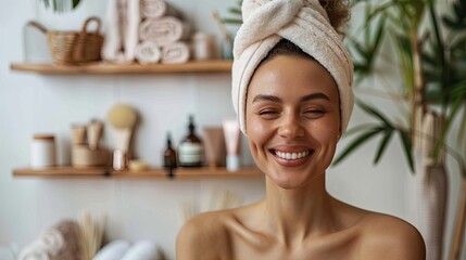 Radiant young woman enjoying spa day with fresh skin and towel on head