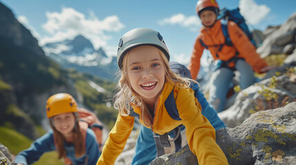 Happy Children Climbing Rocks with Smiles and Helmets