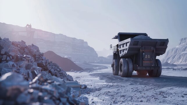 A large mining dump truck is shown in operation at an industrial site, highlighting the extraction process and showcasing the scale of the mining industry