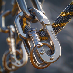 Obraz premium Close-up of Shiny Carabiners on a Rope, Macro Shot