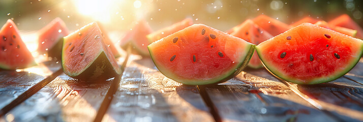 Fresh Watermelon Slices on a Wooden Cutting Board, Juicy and Ripe Summer Treat in a Rustic Setting - Powered by Adobe