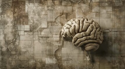 Highly detailed, three-dimensional rendering of a human brain placed against a background that resembles a cracked, aged wall with a grid pattern