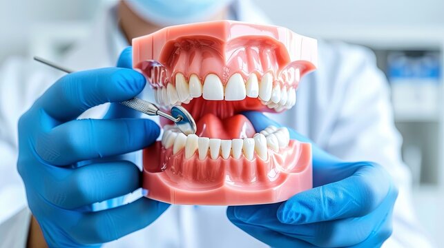 Dental hygiene demonstration with model teeth and tools