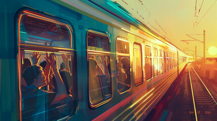 Obraz premium A departing train with passengers waving goodbye from the windows