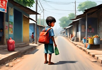 A poor and hungry child on his way to school looks longingly at the fruits lying on the roadside stalls - children rights