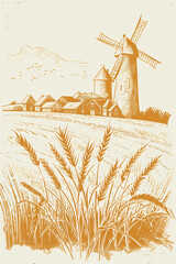 Rural landscape with windmill and village. Farm and wheat field with harvest. Autumn nature. Illustration in vintage engraving style for design banner, poster, background