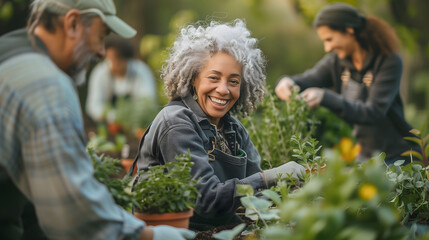 An elderly woman joyfully engaged in gardening within a community setting