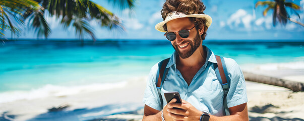 Happy tourist on tropical beach, using his mobile phone, in the background the sea and palm trees on the sand