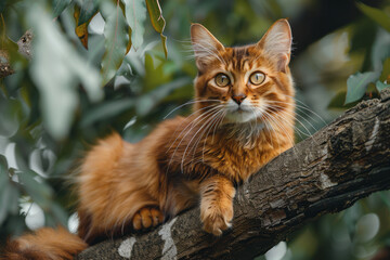 A Somali cat with its lithe build, bushy tail, and ticked coat, perched alertly on a tree branch in a lush forest, - Powered by Adobe