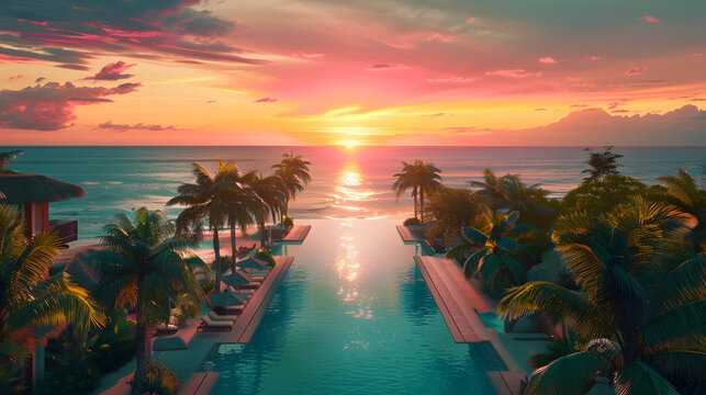 Sensual view of a luxury pool in a 5 star hotel with the sun rising in the center of the image, summer concept vacation concept holidays