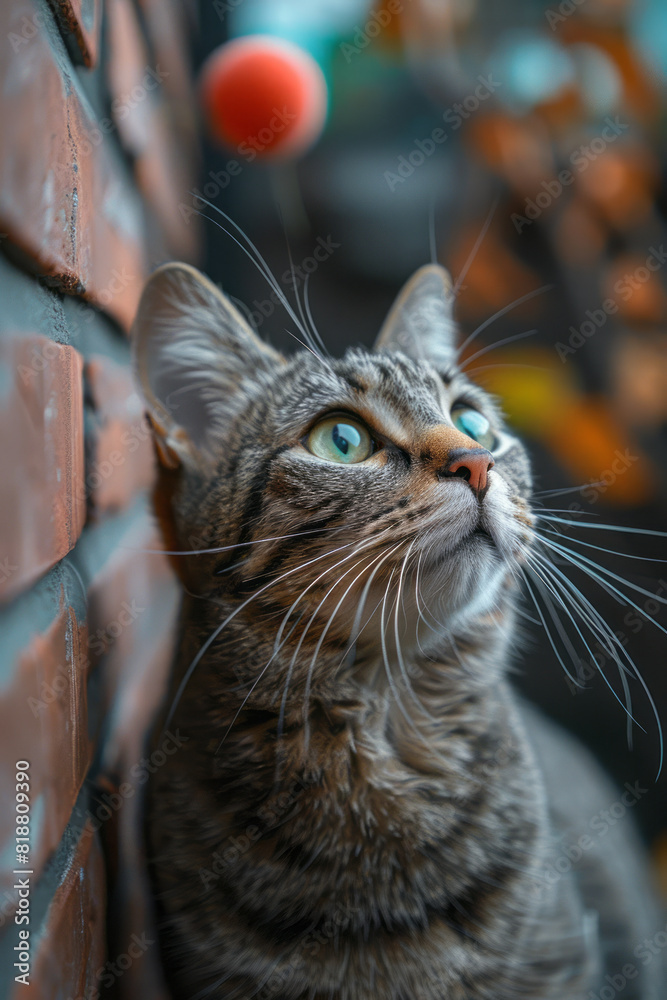 Aufkleber a playful cat with a mischievous glint in its eyes and a slight grin, ready to pounce on a toy,