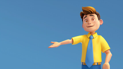 3d render. Cartoon character young man isolated on blue background. Sales manager wears yellow shirt, blue tie, looks at camera, show gesture.