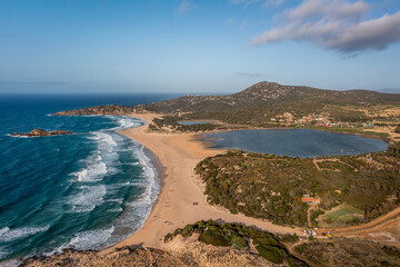 Aerial View of Su Giudeu beach in Chia, Sardinia, Italy