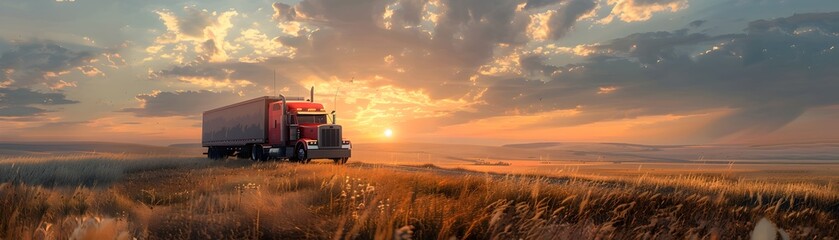 Fototapeta premium Semi Truck Delivery at Historic Rural Site with Scenic Sunset Landscape