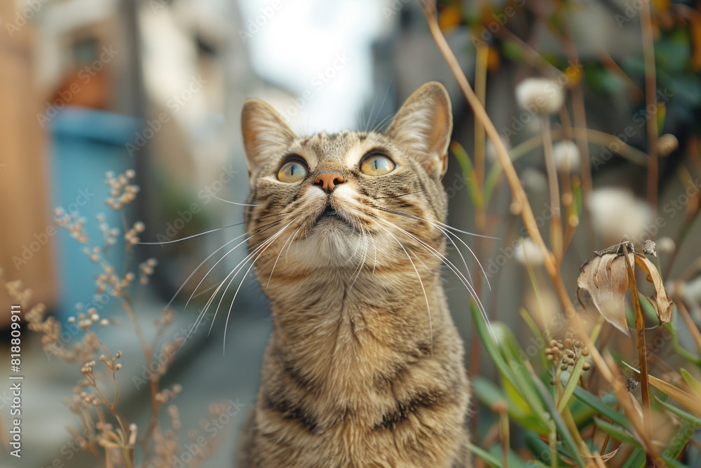 Poster a confused cat with a tilted head and furrowed brows, staring at something puzzling,