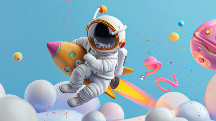 3d render spaceman astronaut flying with rocket 3d illustration design.