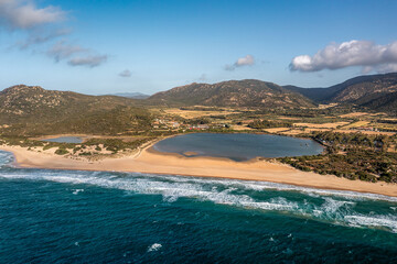 Aerial View of Su Giudeu beach in Chia, Sardinia, Italy