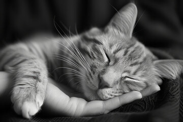 A loving cat with soft eyes and a gentle smile, nuzzling against its ownerâ€™s hand,
