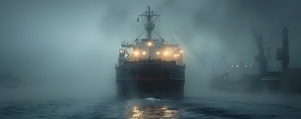 Cargo Ship Approaching Busy Port through Misty Morning Atmosphere