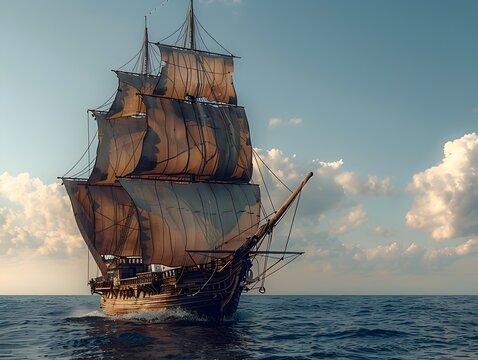 Majestic Vintage Cargo Ship Sailing on Historical Voyage Across Open Ocean