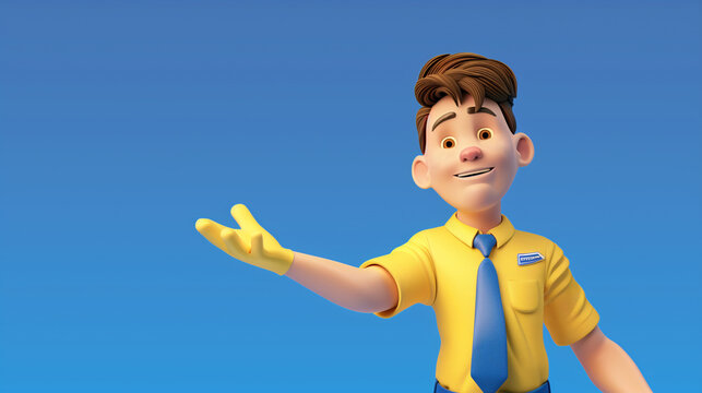 3d render. Cartoon character young man isolated on blue background. Sales manager wears yellow shirt, blue tie, looks at camera, show gesture.