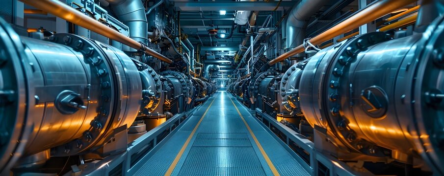 Intricate Engine Room of a Cargo Vessel Showcasing Powerful Machinery and Automation Systems