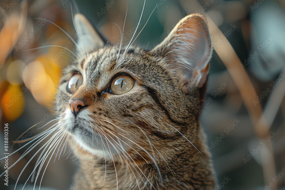 Poster A focused cat with intense eyes and ears pointed forward, staring intently at a moving object,